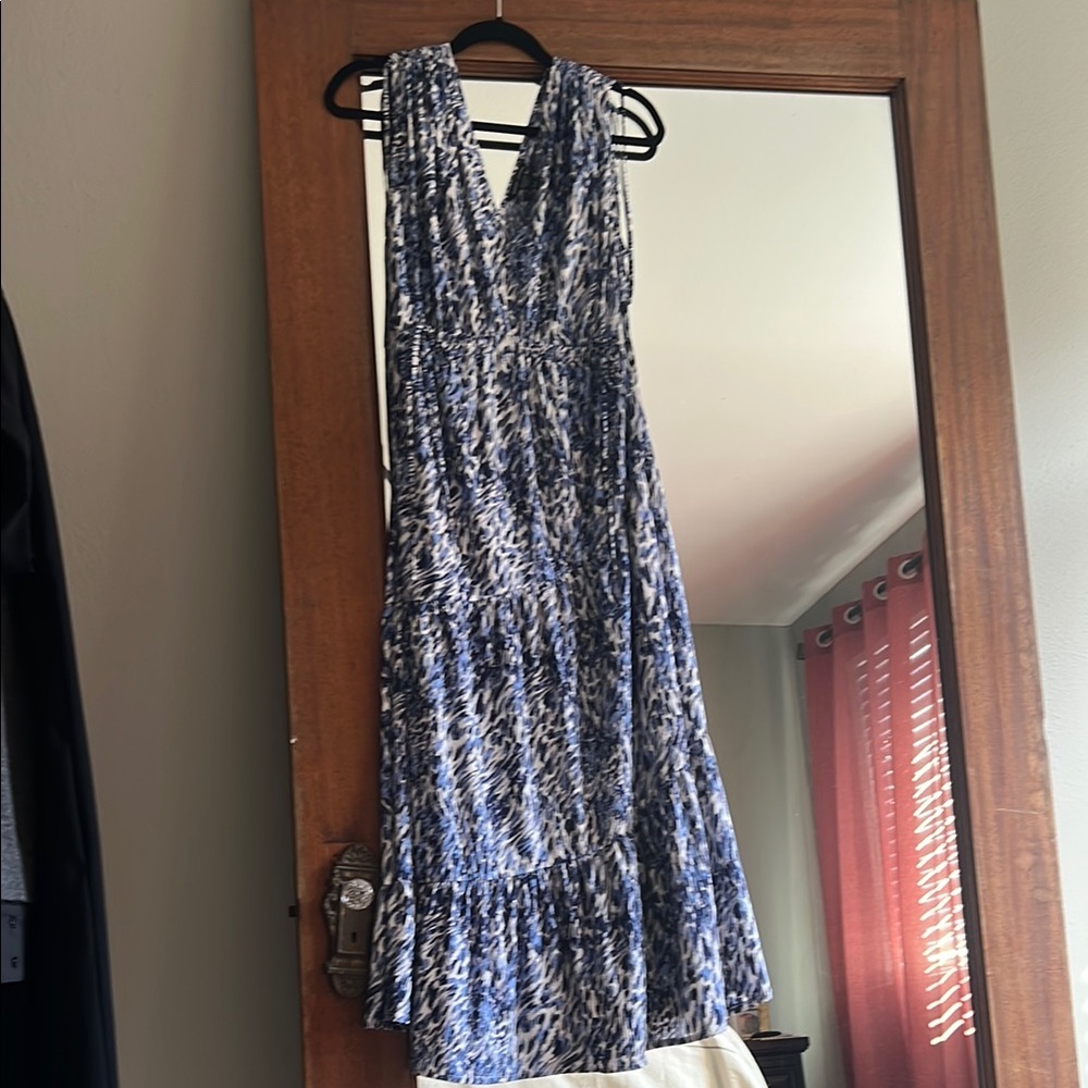 Maggy London Blue and White Ruffled Maxi Dress